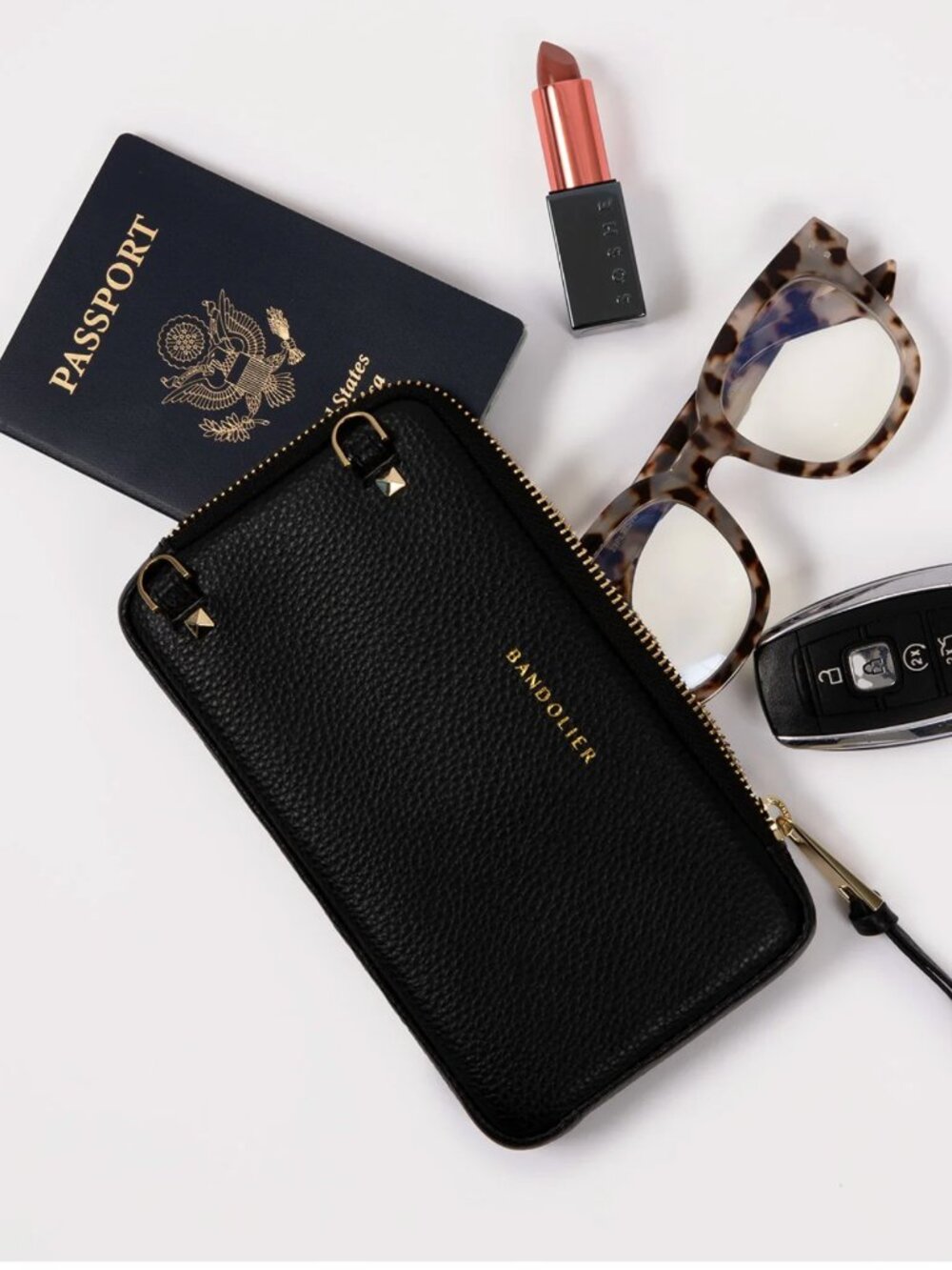 Bandolier Black Leather Crossbody Phone Case with Gold Hardware